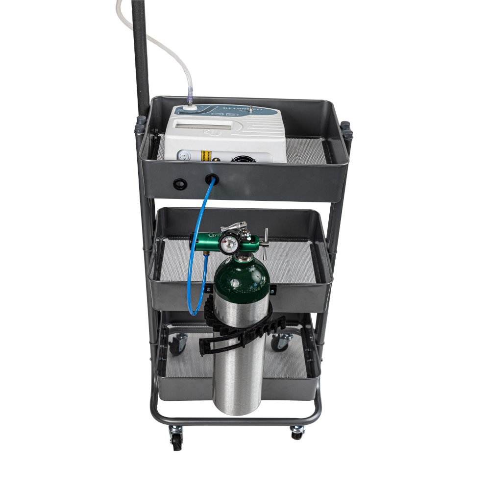 Mobile ozonation station cart with three tiers, featuring a bubbler mounting system, oxygen tank holder, and a built-in IV pole. Equipped with wheels for easy mobility and generator labels.