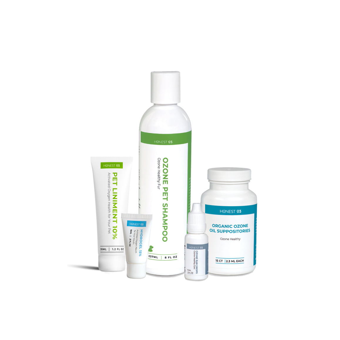 A collection of different ozonated pet care products, including OZONE PET SHAMPOO, a tube of PET LINIMENT 10%, a bottle of HYDROGEL 15%, a bottle of OZONE EAR DROPS', and a bottle of OZONATED OLIVE OIL SUPPOSITORIES.