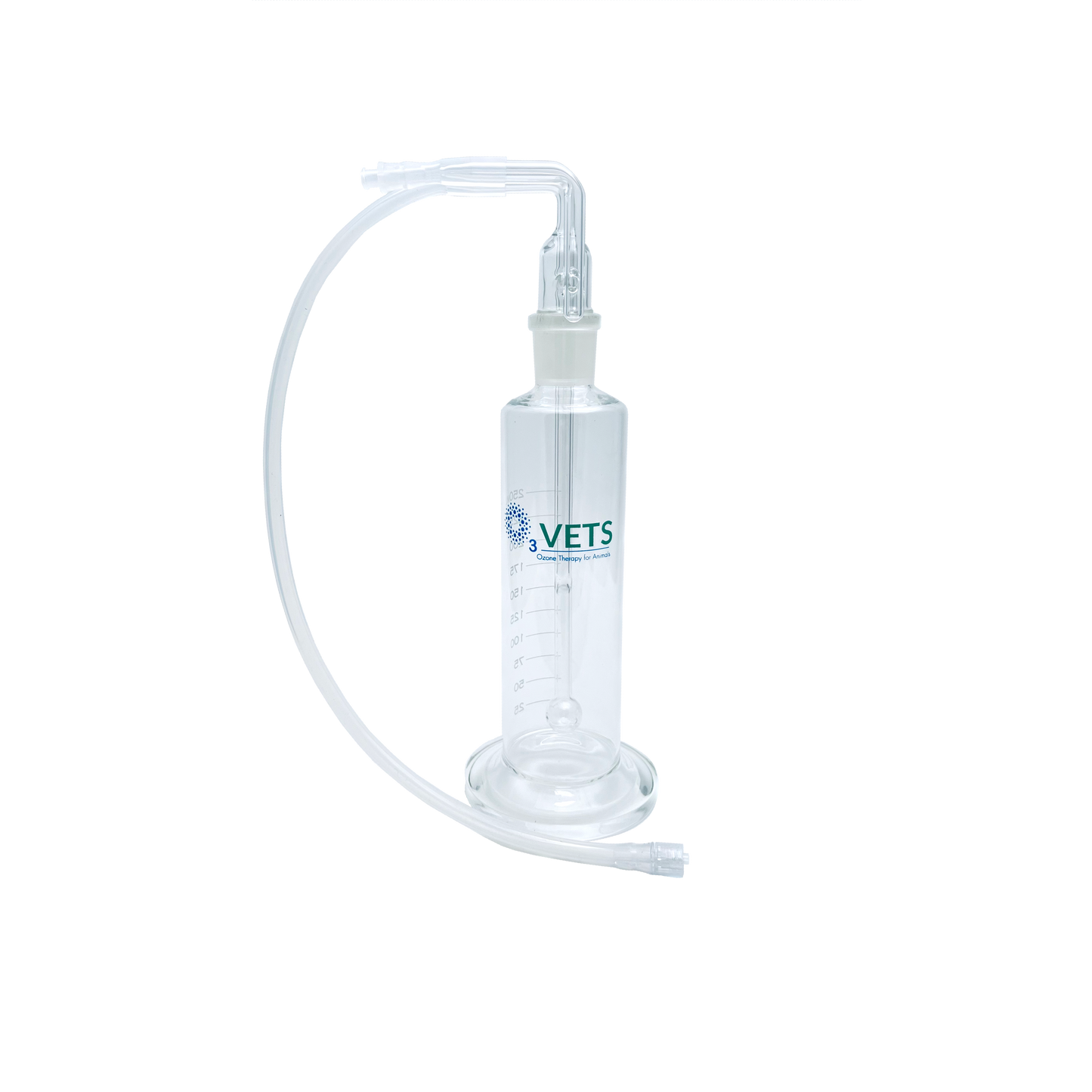 A veterinary ozone nebulizer system with a 250ml oil bubbler for respiratory therapy.