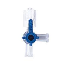 3 Way Stopcock made of clear plastic with a blue lever on a white background
