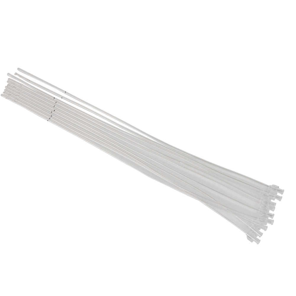 A bundle of clear rectal catheters laid out on a surface