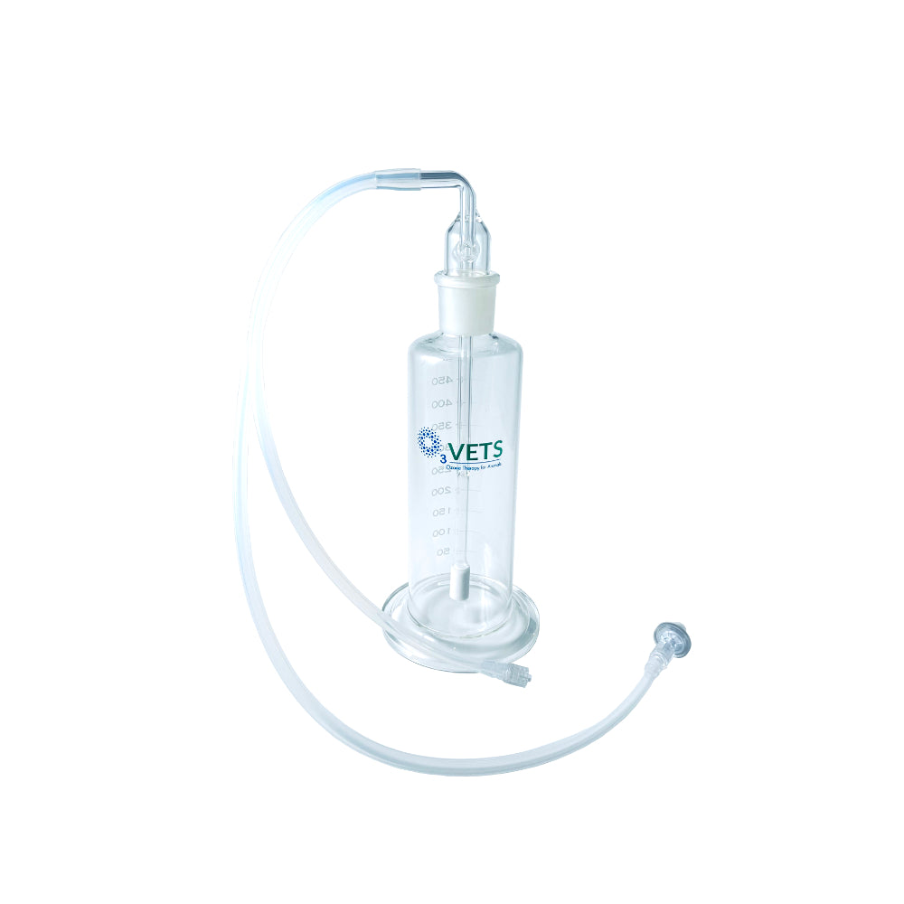 A 500ml clear glass ozon fluid bubbler with glass base and clear tubing.