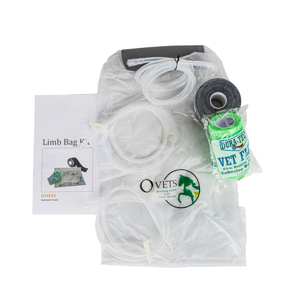 An image displaying a limb bag kit, including a clear plastic limb bag, clear tubing, black clamps, a roll of tape, and a quickstart guide with the Ozone logo.