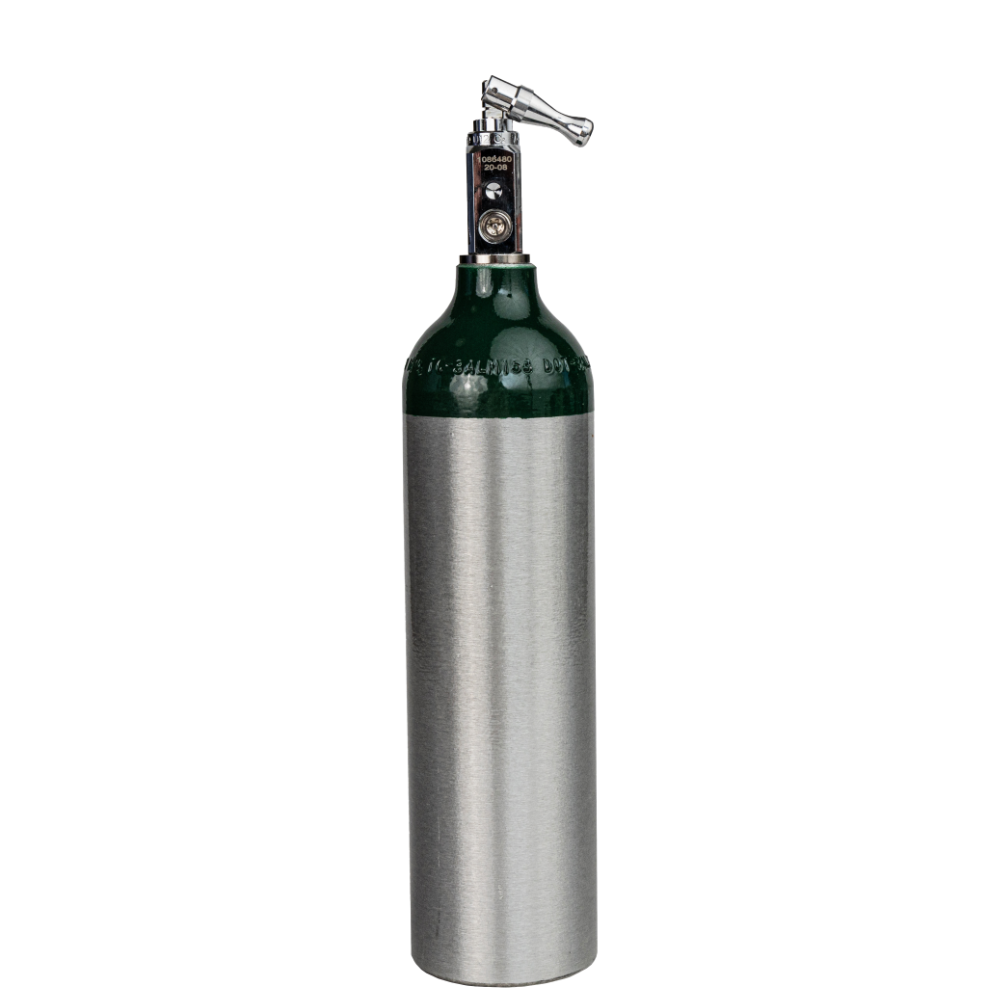 A medical-grade oxygen tank with a toggle valve, predominantly silver in color with a green top.