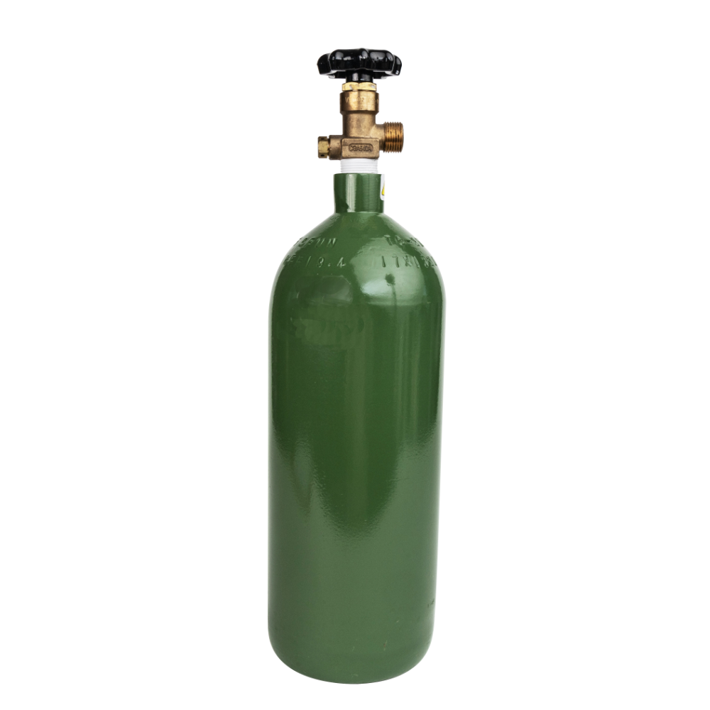 A green industrial oxygen tank on a white background
