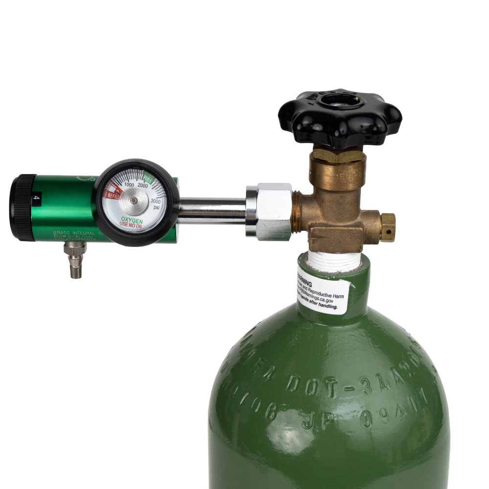 Industrial Oxygen Tank with a green regulator attatched on a white background.