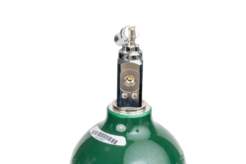 A medical-grade oxygen tank with a toggle valve, close up of valve.