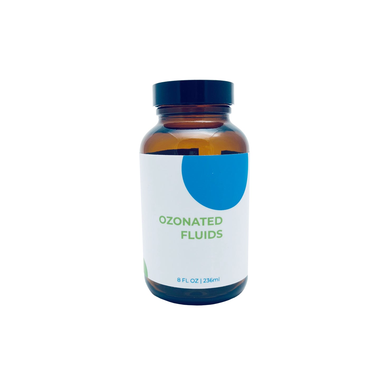 An 8oz fluid jar made of brown glass with a blue, green and white label.