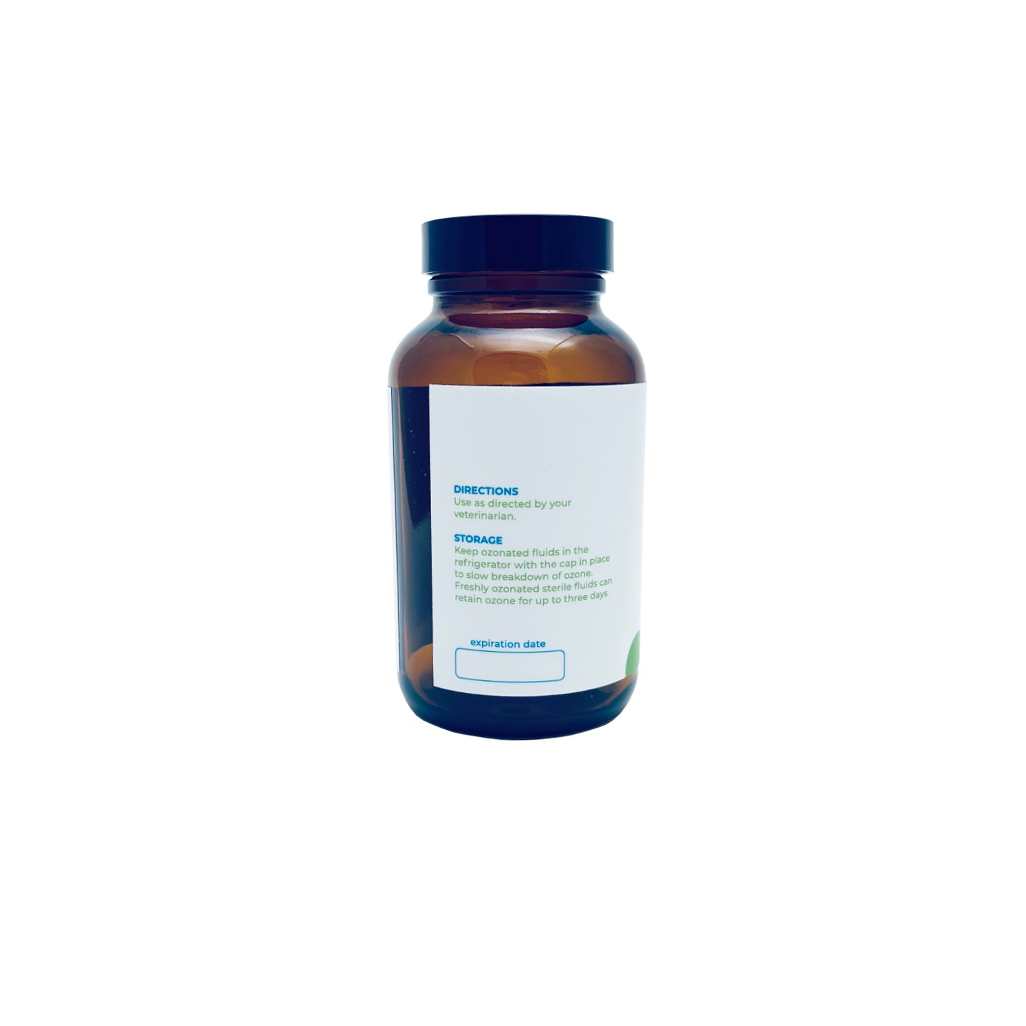 A 8oz fluid jar made of brown glass with a blue, green and white label.