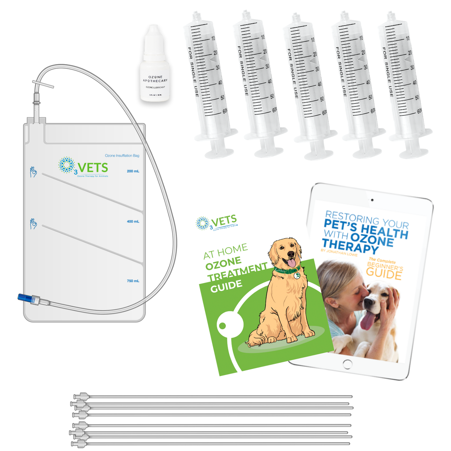 A collection of items for pet health treatment including rectal catheters, ozone syringes, an insufflation bag, lubricant, and guides for at-home treatment.