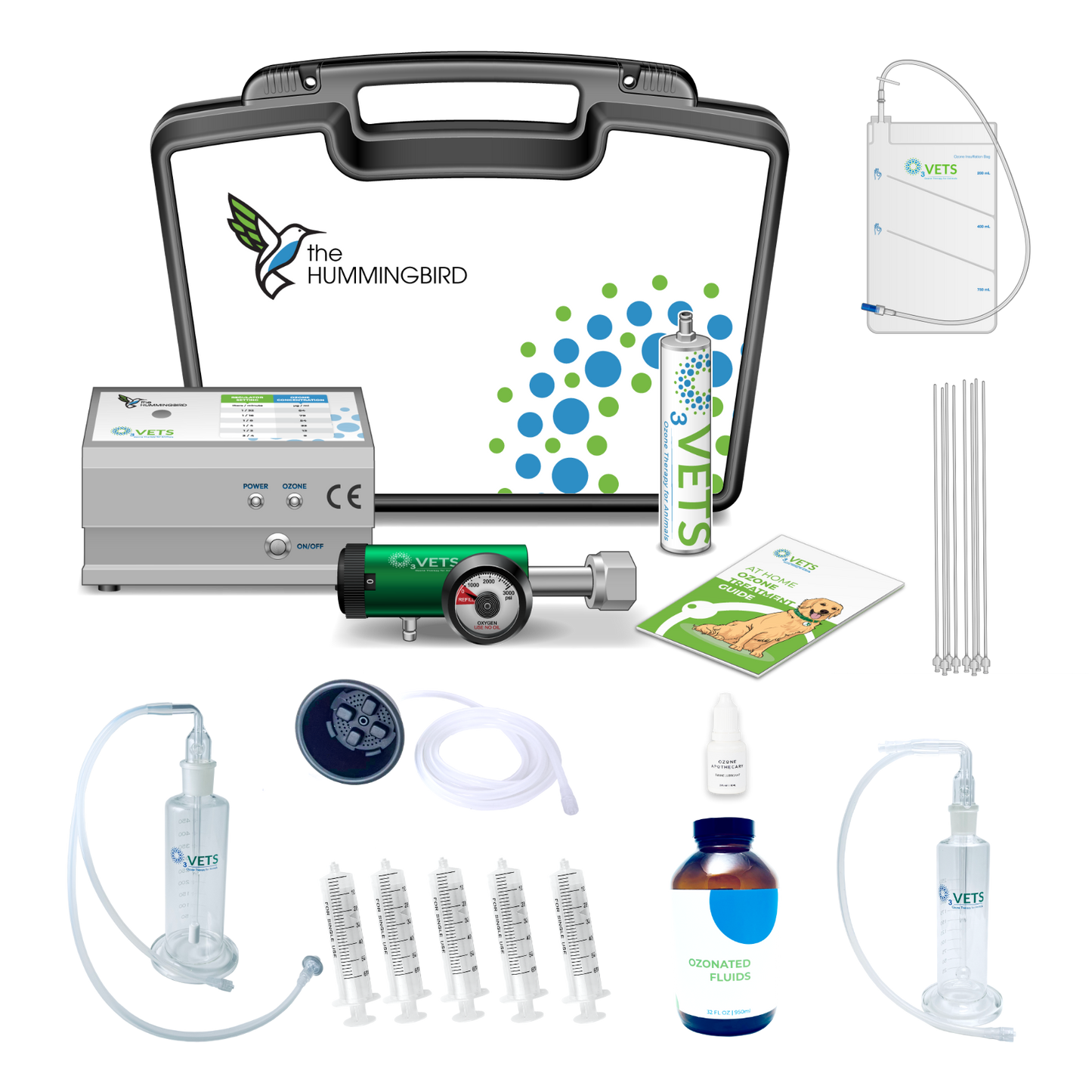 A collection of pet ozone therapy equipment including a carrying case, ozone generator, tubing, and other accessories.