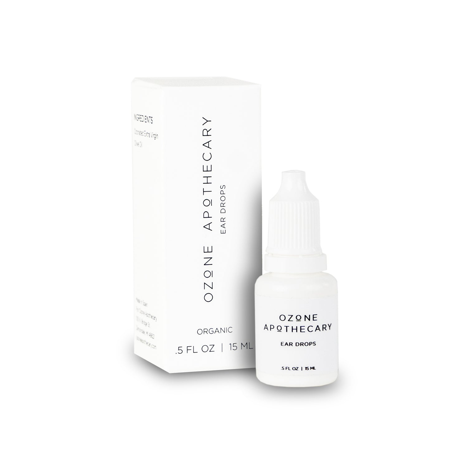 Ear Drops, fron view of bottle and packaging on a white background.