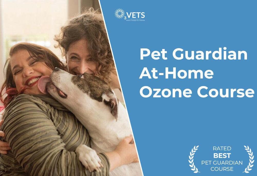 Pet Guardian Course graphic in blue with two women and a happy dog.