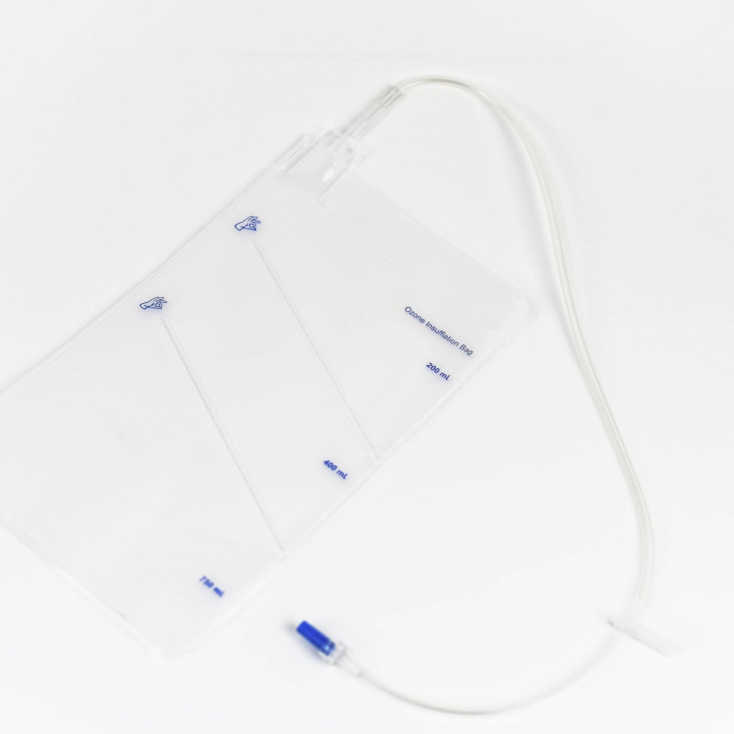 Insufflation Bag, clear flexible tube, and a blue Luer lock connection.