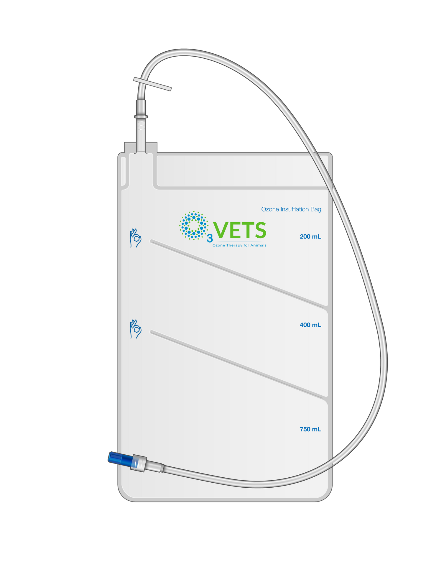 A white ozone insufflation bag with blue and green text, a clear flexible tube, and a blue Luer lock connection.