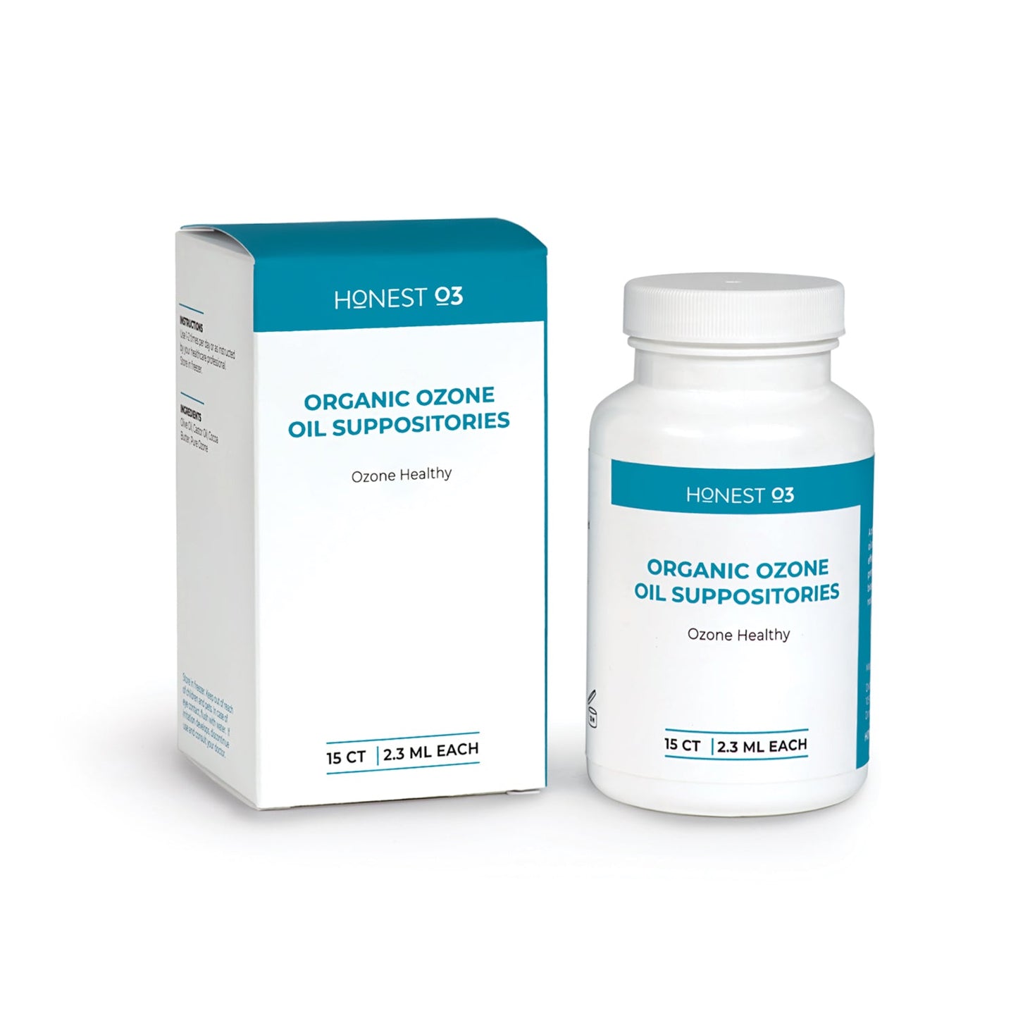 A bottle and box of Honest O3 Organic Ozone Oil Suppositories with text indicating 15 count and 2.3 mL each.