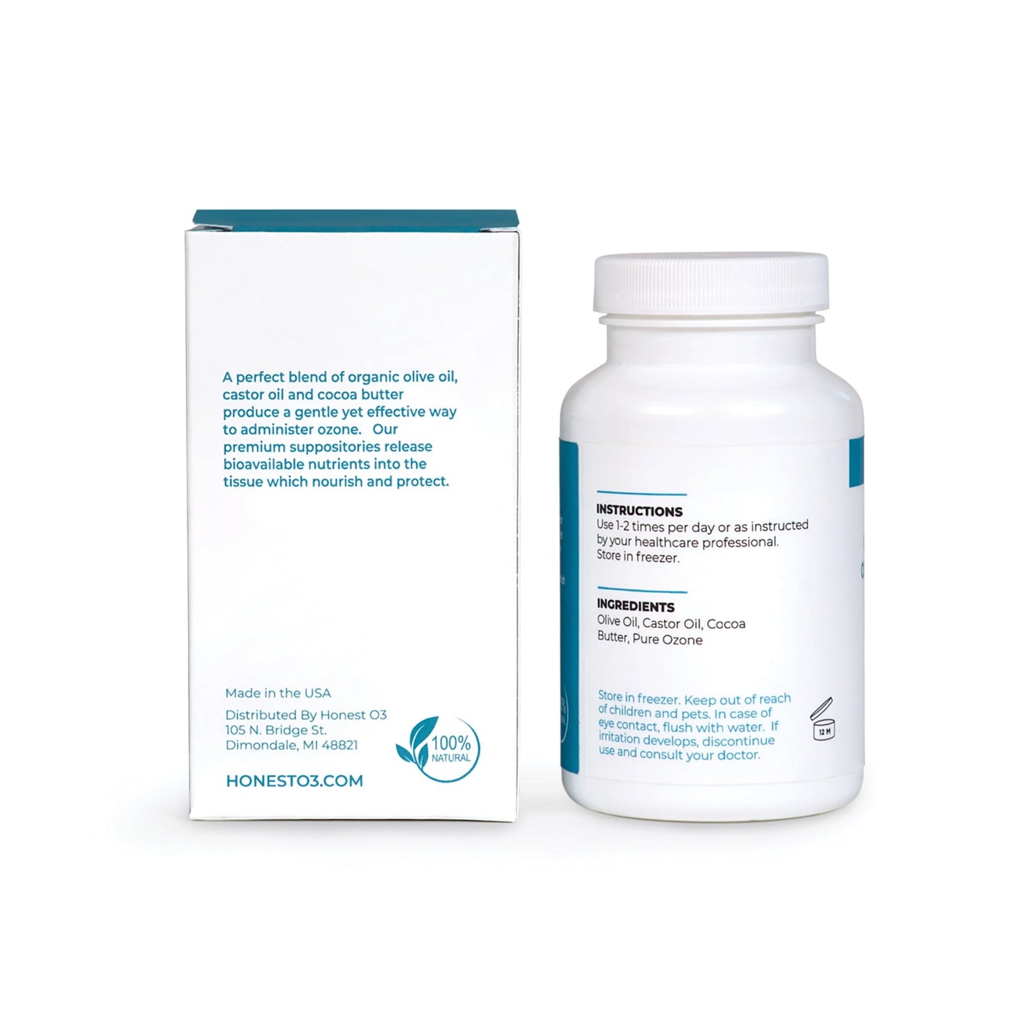 Honest O3 Organic Ozone Oil Suppositories instructions and ingreedients listed on the back.