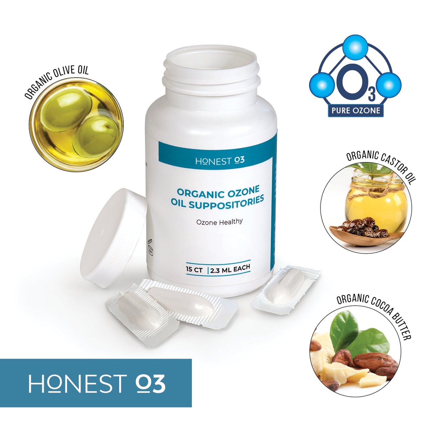 Honest O3 Organic Ozone Oil Suppositories with graphics indicating the ingredients used.