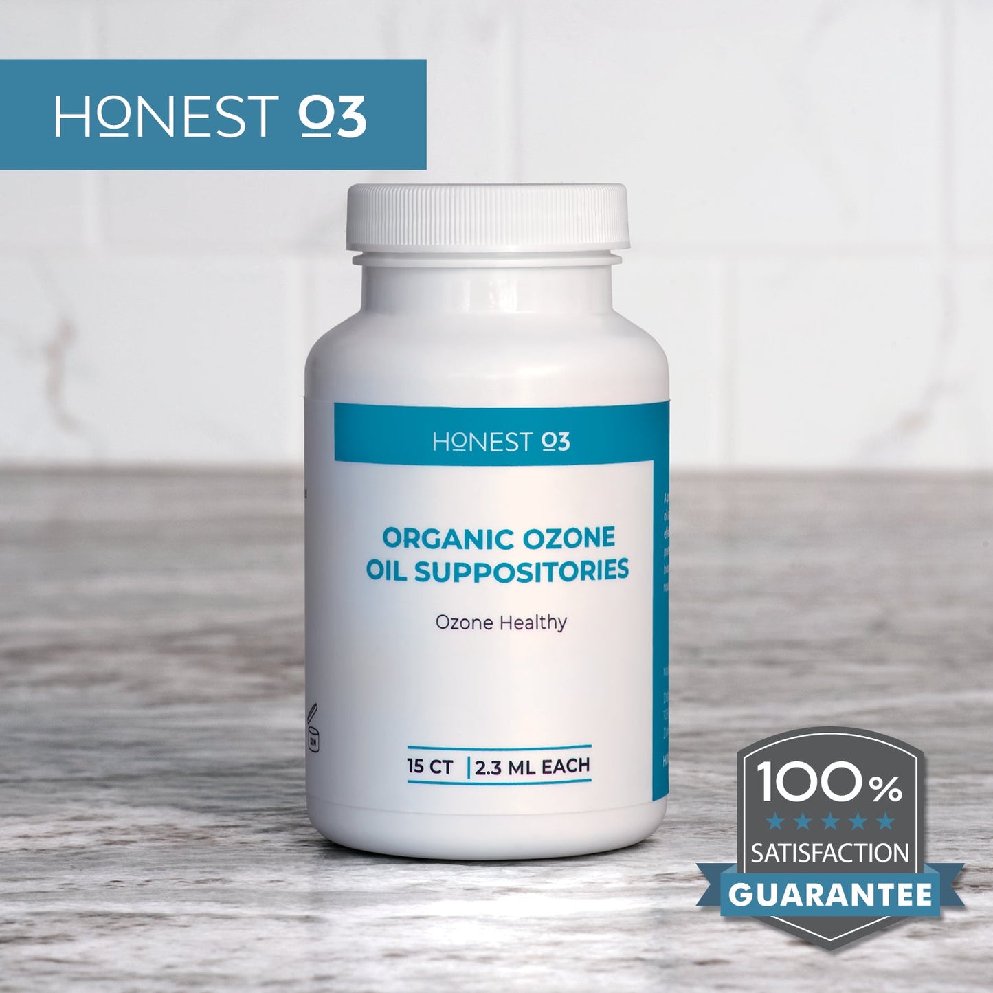 Honest O3 Organic Ozone Oil Suppositories bottle with 100% satisfaction guarantee graphic.