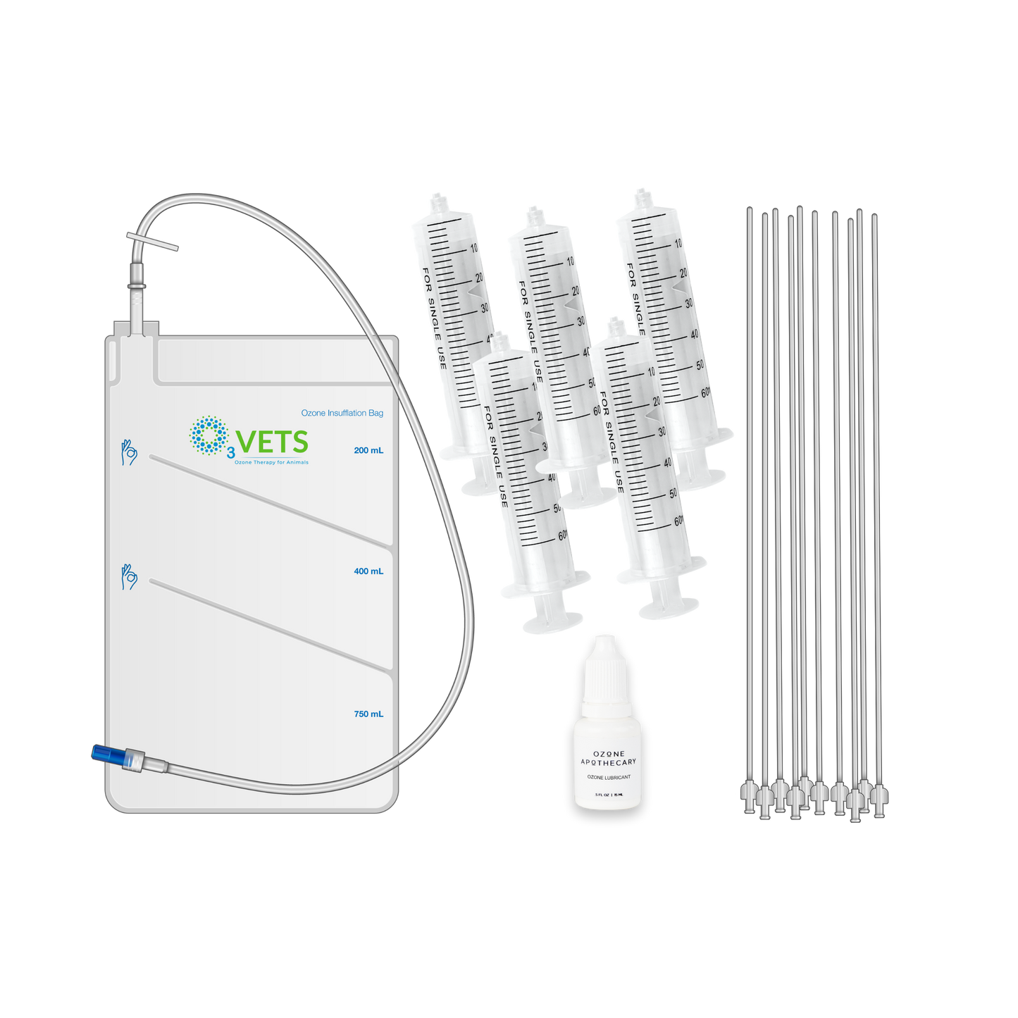 A collection of items for a rectal ozone admin kit including a 750ml insufflation bag, multiple rectal catheters, 60cc ozone syringes, and OA lubricant.