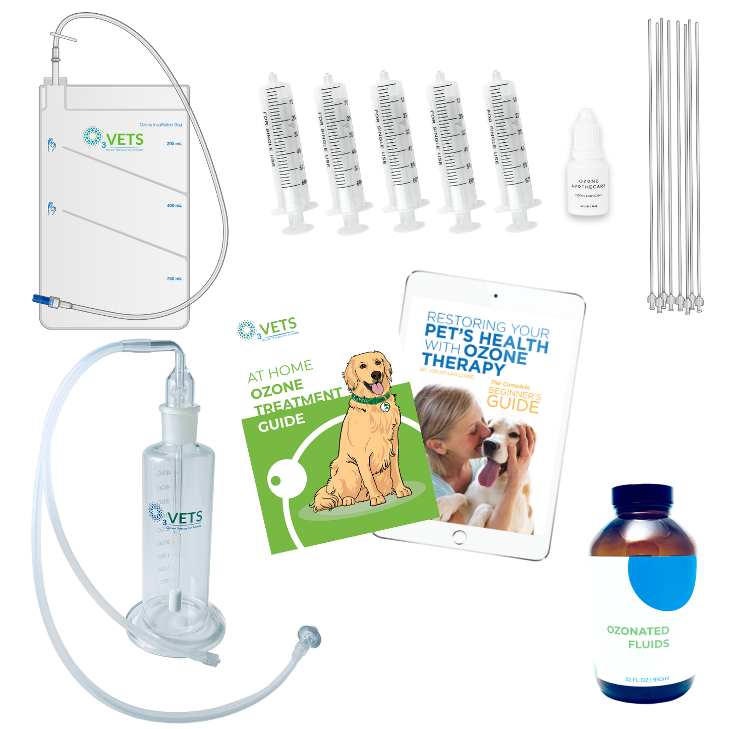 A collection of silver-colored pet treatment accessories including a fluid bubbler, fluid jar, rectal catheters, ozone syringes, an insufflation bag, lubricant, and treatment guides.