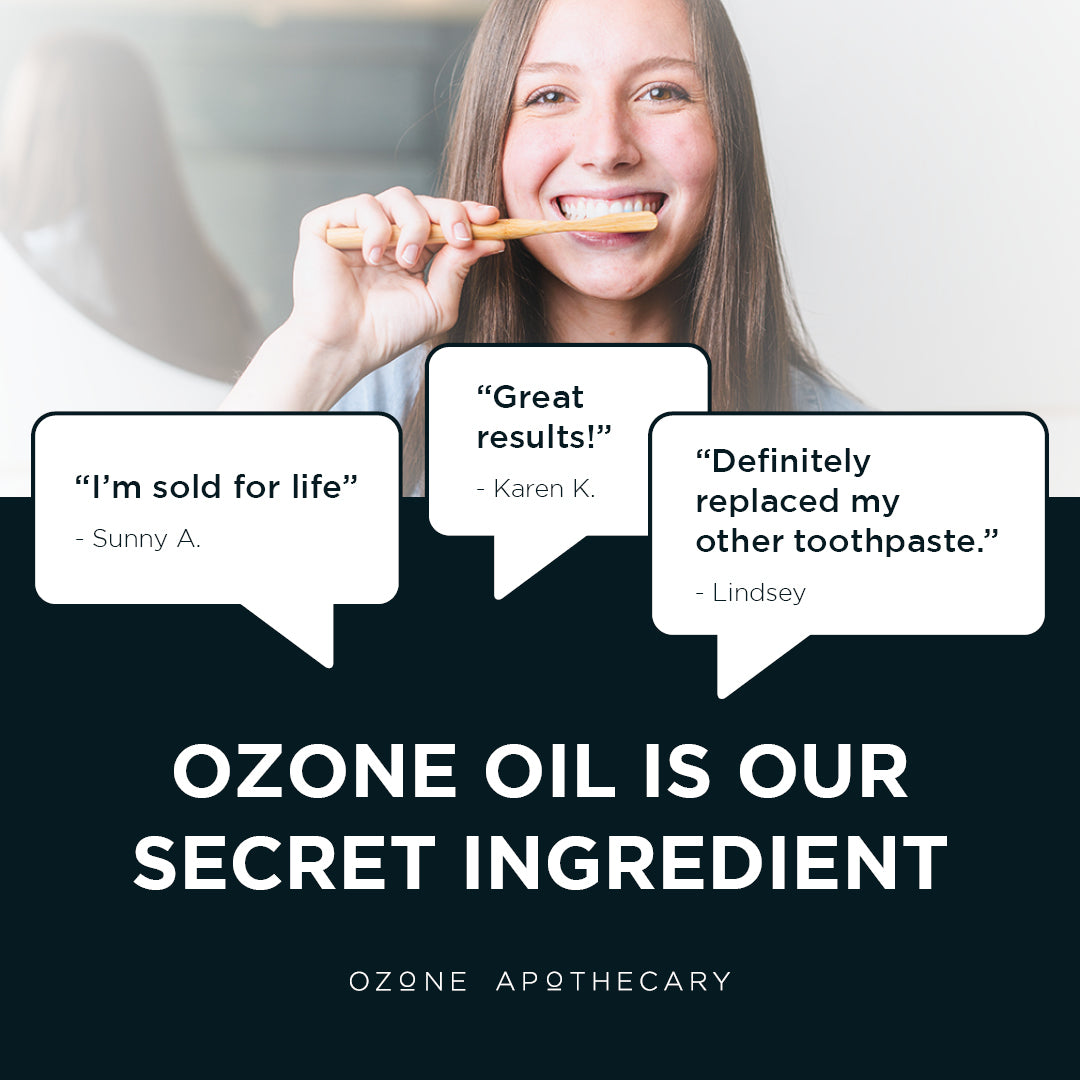Woman brushing her teeth with text testimonials and Ozone Apothecary branding.