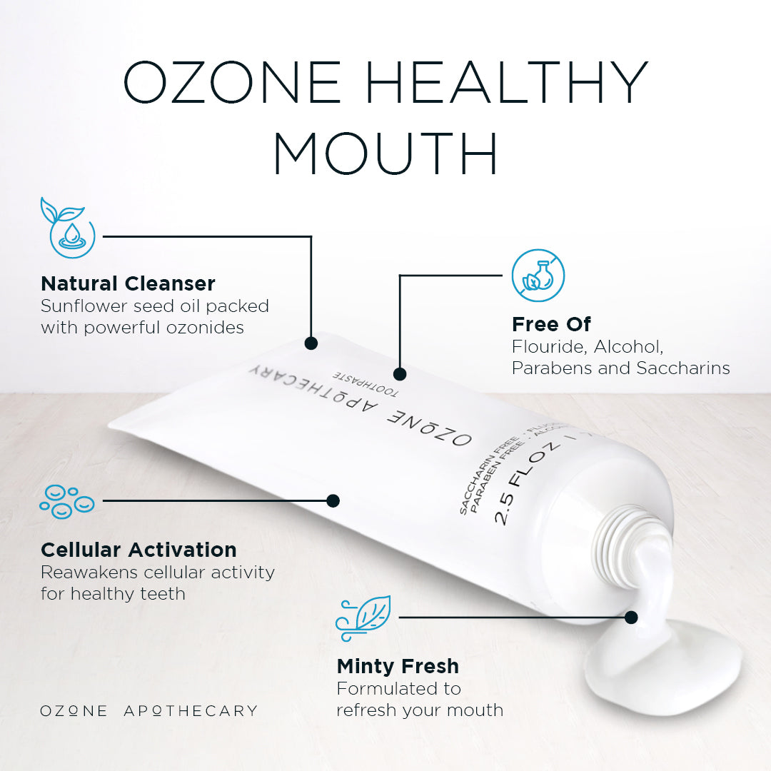 Ozone toothpaste tube with product features on a white background
