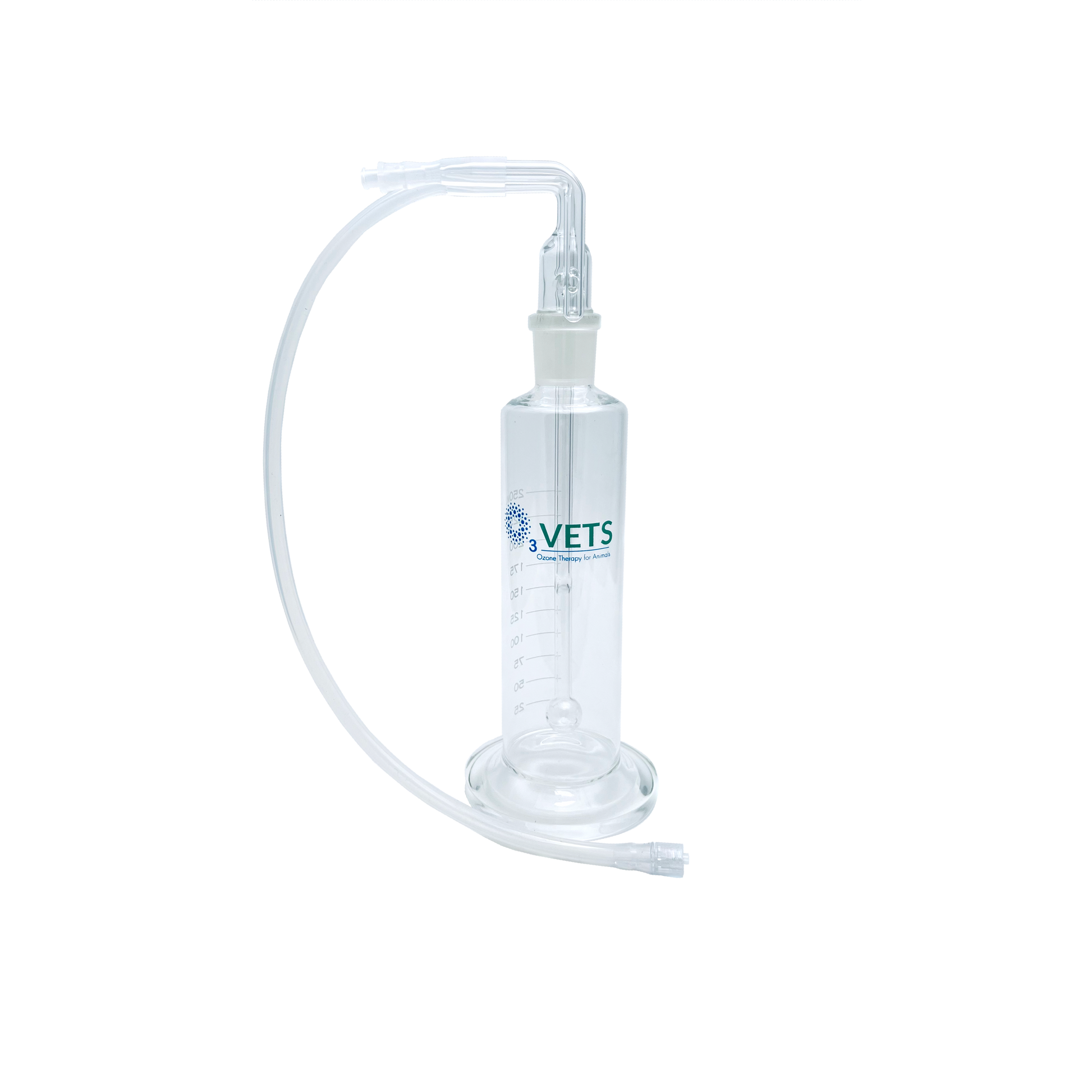 A clear glass oil bubbler with glass base and clear tubing.