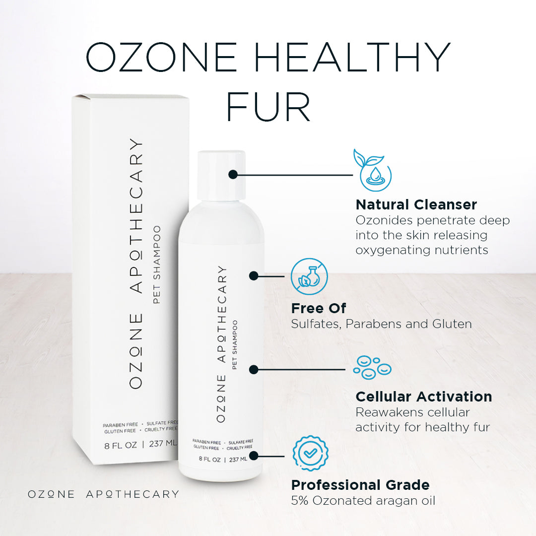 A bottle of Ozone Pet Shampoo next to its packaging box with graphics to highlight its features. 
