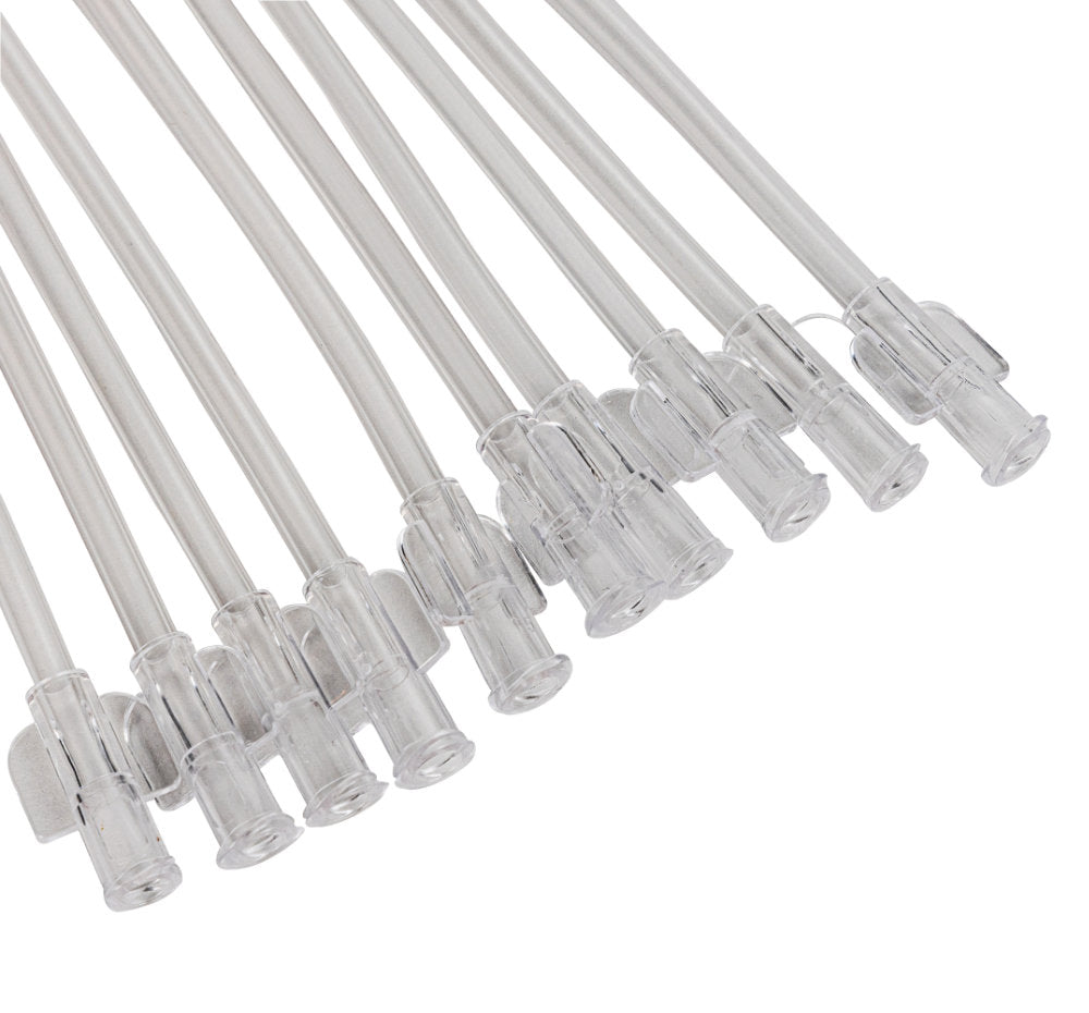 close up on multiple catheters on a white background