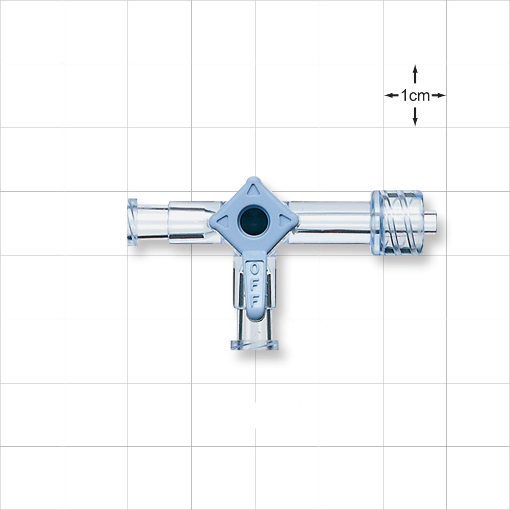 A three-way stopcock with a T-shaped design, made of clear and blue plastic, with dimensions marked as 1 cm.