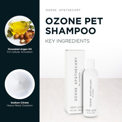 A bottle of Ozone Pet Shampoo next to its packaging box. Graphics surrounding to highlighr its ingredients.