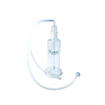 A 500ml clear glass ozon fluid bubbler with glass base and clear tubing.