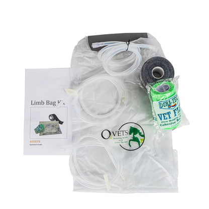 An image displaying a limb bag kit, including a clear plastic limb bag, clear tubing, black clamps, a roll of tape, and a quickstart guide with the Ozone logo.