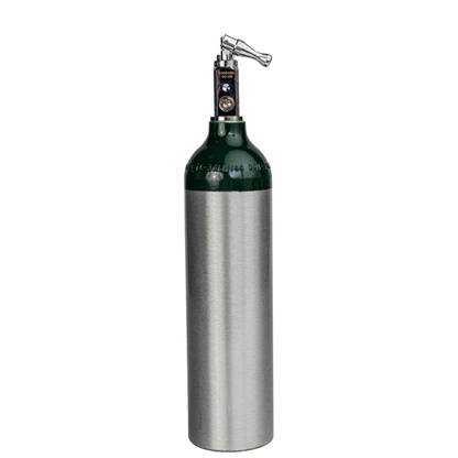 A medical-grade oxygen tank with a toggle valve, predominantly silver in color with a green top.
