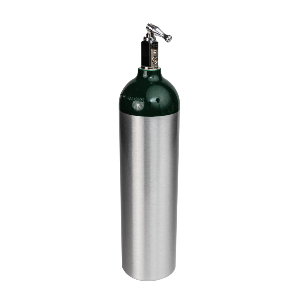 A medical-grade oxygen tank with a toggle valve, predominantly silver in color with a green top.