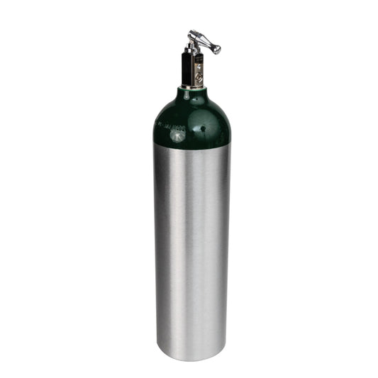 A medical-grade oxygen tank with a toggle valve, predominantly silver in color with a green top.