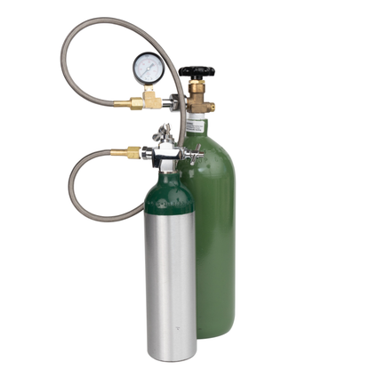 Transfill Hose connected to two oxygen tanks on a white background