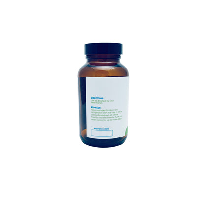 A 8oz fluid jar made of brown glass with a blue, green and white label.