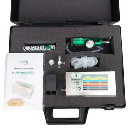 Hummingbird Generator case open and showing contents including manual, generator, and green regulator. 