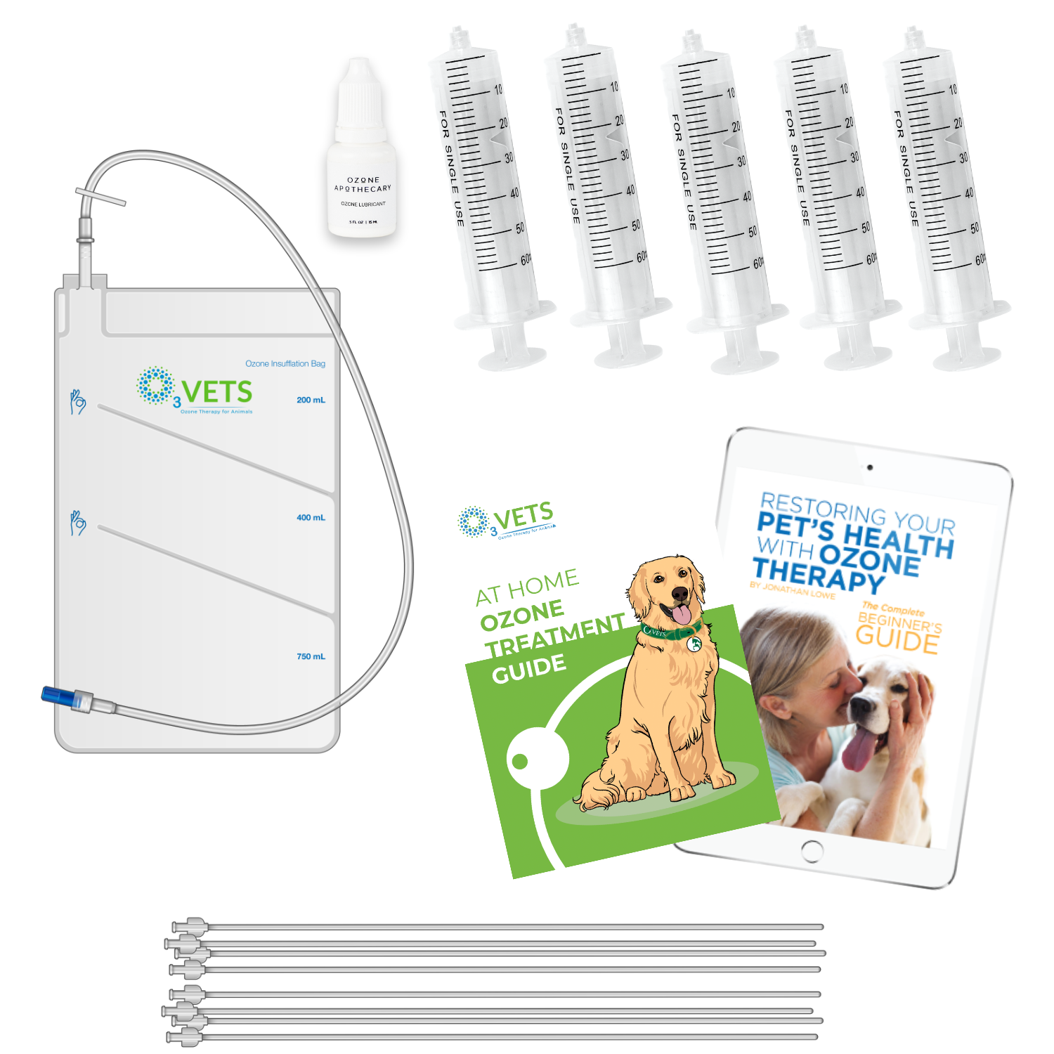 A collection of items for pet health treatment including rectal catheters, ozone syringes, an insufflation bag, lubricant, and guides for at-home treatment.
