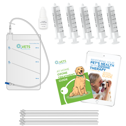A collection of items for pet health treatment including rectal catheters, ozone syringes, an insufflation bag, lubricant, and guides for at-home treatment.