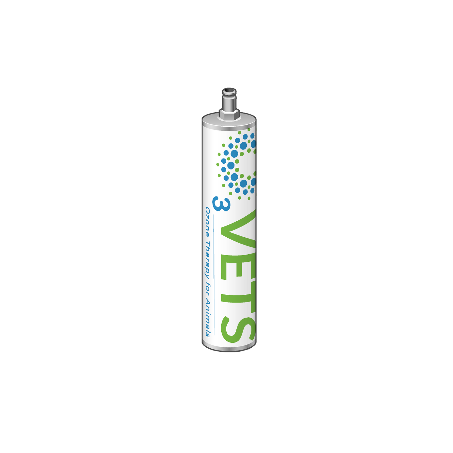 A destruct cylinder for neutralizing excess ozone, featuring a luer lock connection with blue and green branding on a white background.