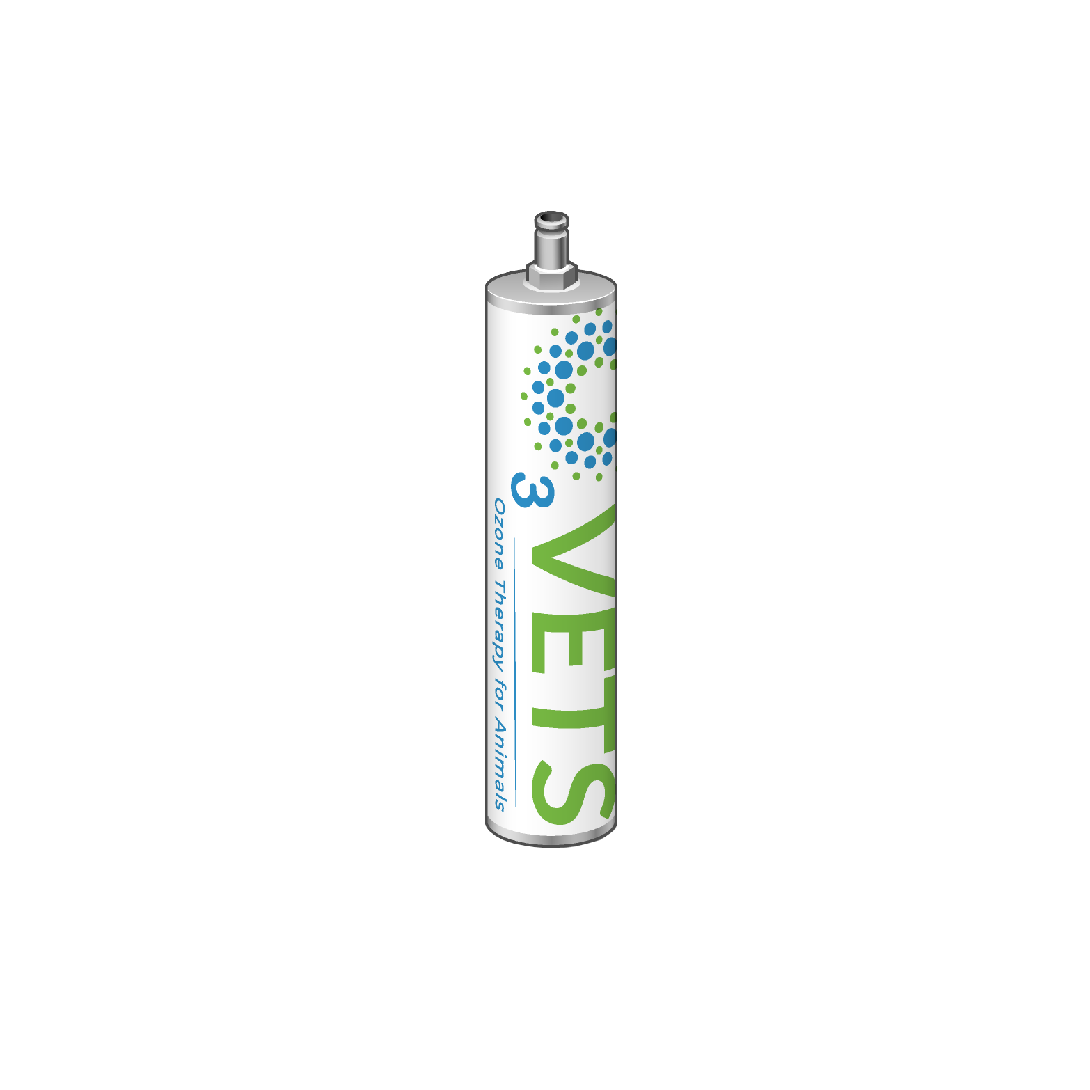 A destruct cylinder for neutralizing excess ozone, featuring a luer lock connection with blue and green branding on a white background.