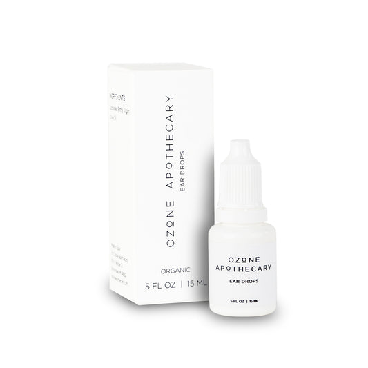 Ear Drops, fron view  of bottle and packaging on a white background.