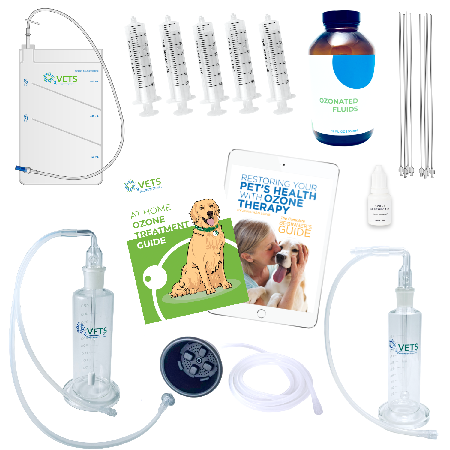 A collection of ozone therapy equipment including a fluid bubblers, syringes, insufflation bag, masks, instructional booklet and a fluid jar.
