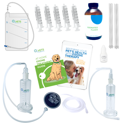 A collection of ozone therapy equipment including a fluid bubblers, syringes, insufflation bag, masks, instructional booklet and a fluid jar.
