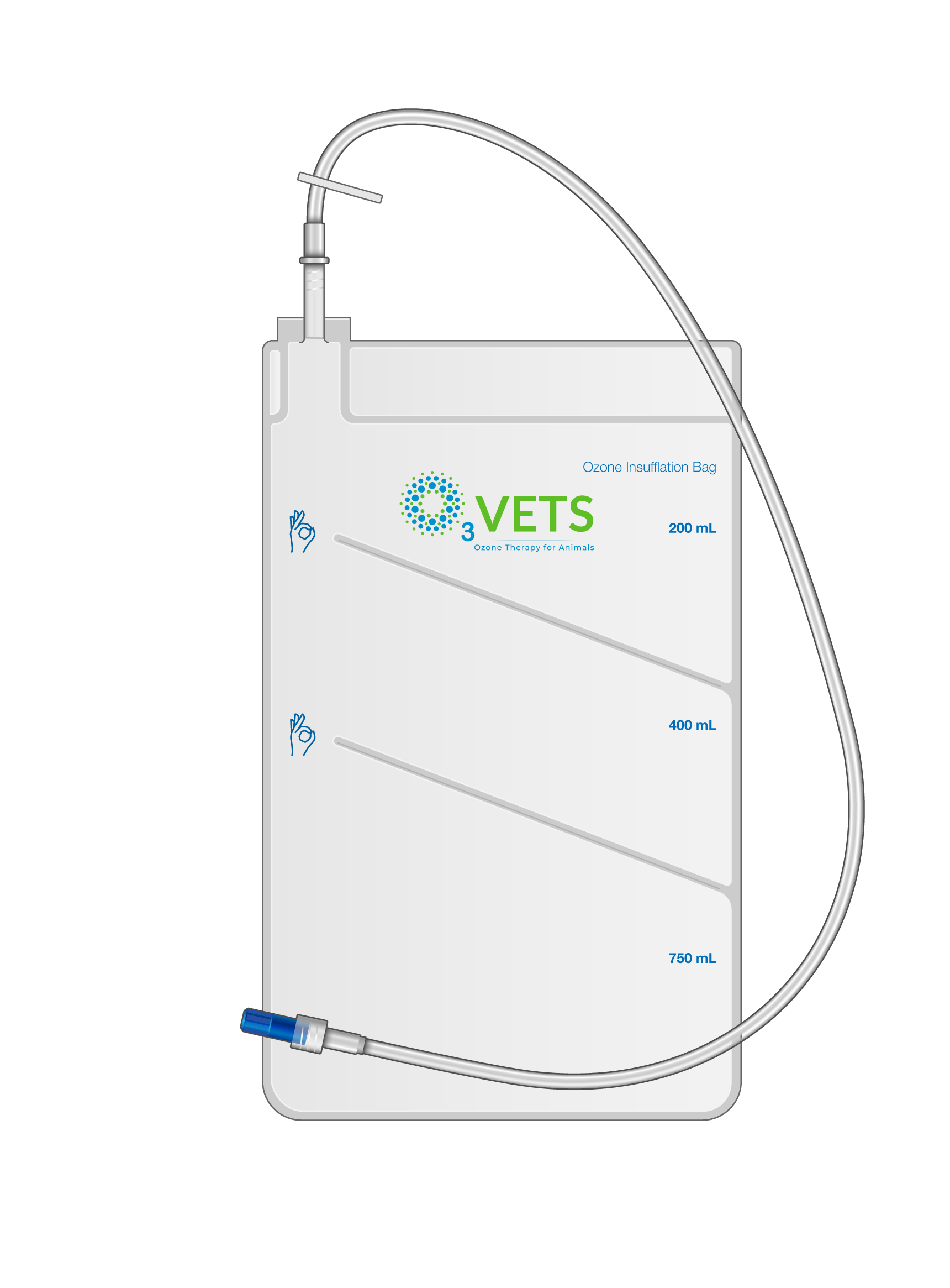 A white ozone insufflation bag with blue and green text, a clear flexible tube, and a blue Luer lock connection.