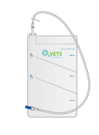 A white ozone insufflation bag with blue and green text, a clear flexible tube, and a blue Luer lock connection.