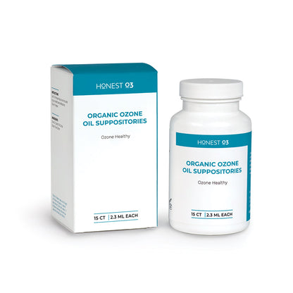 A bottle and box of Honest O3 Organic Ozone Oil Suppositories with text indicating 15 count and 2.3 mL each.